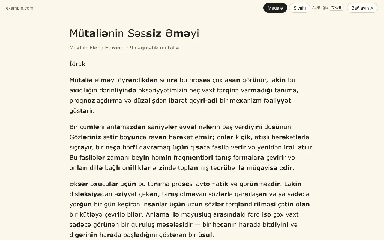 Oxu rejimi: yalnız məqalə, sakit bir sütunda, heca işarələməsi ilə
