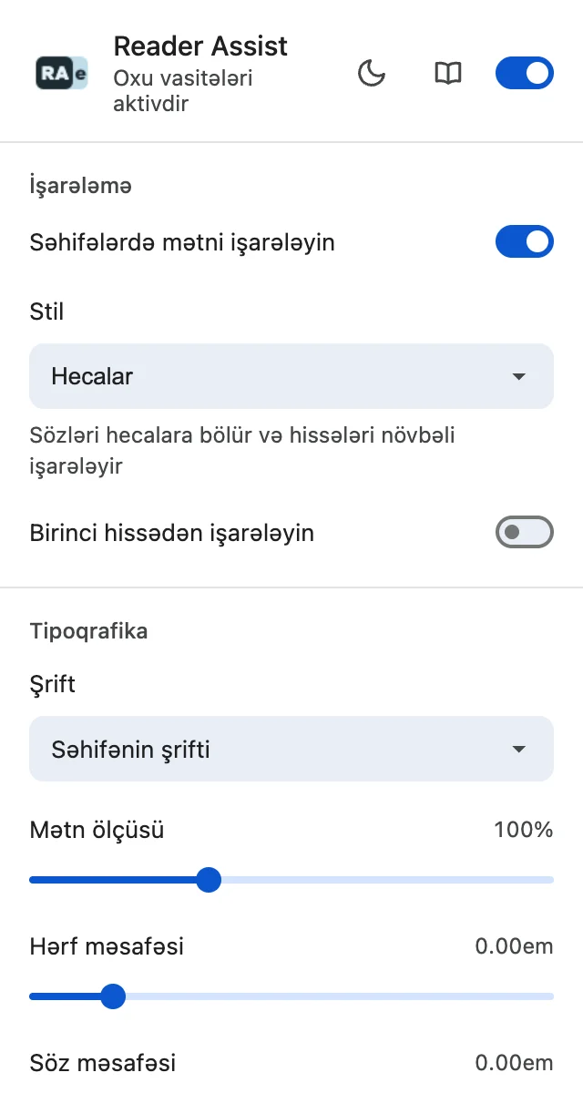 Reader Assist-in açıq temadakı parametrləri