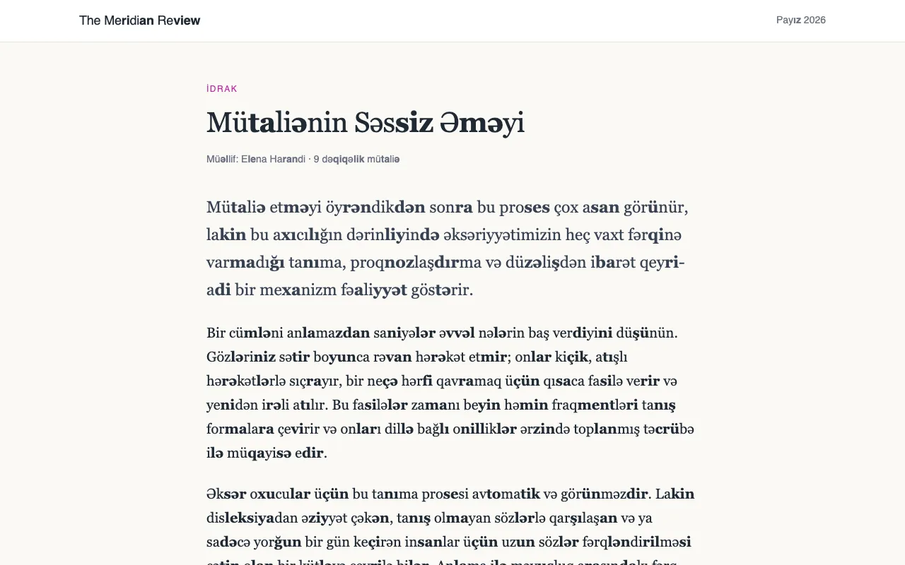 Uzun sözləri hecalara bölünmüş, hər ikinci hecası qalın şriftlə verilmiş məqalə