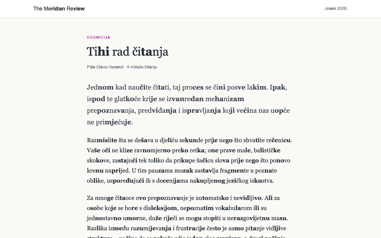 Članak sa dugim riječima rastavljenim na slogove, od kojih je svaki drugi podebljan