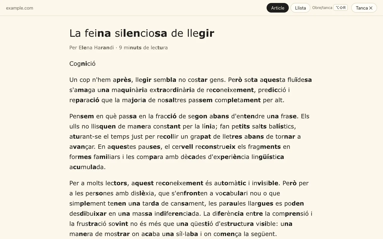 La vista de lectura: només l'article en una columna neta, amb marcatge de síl·labes