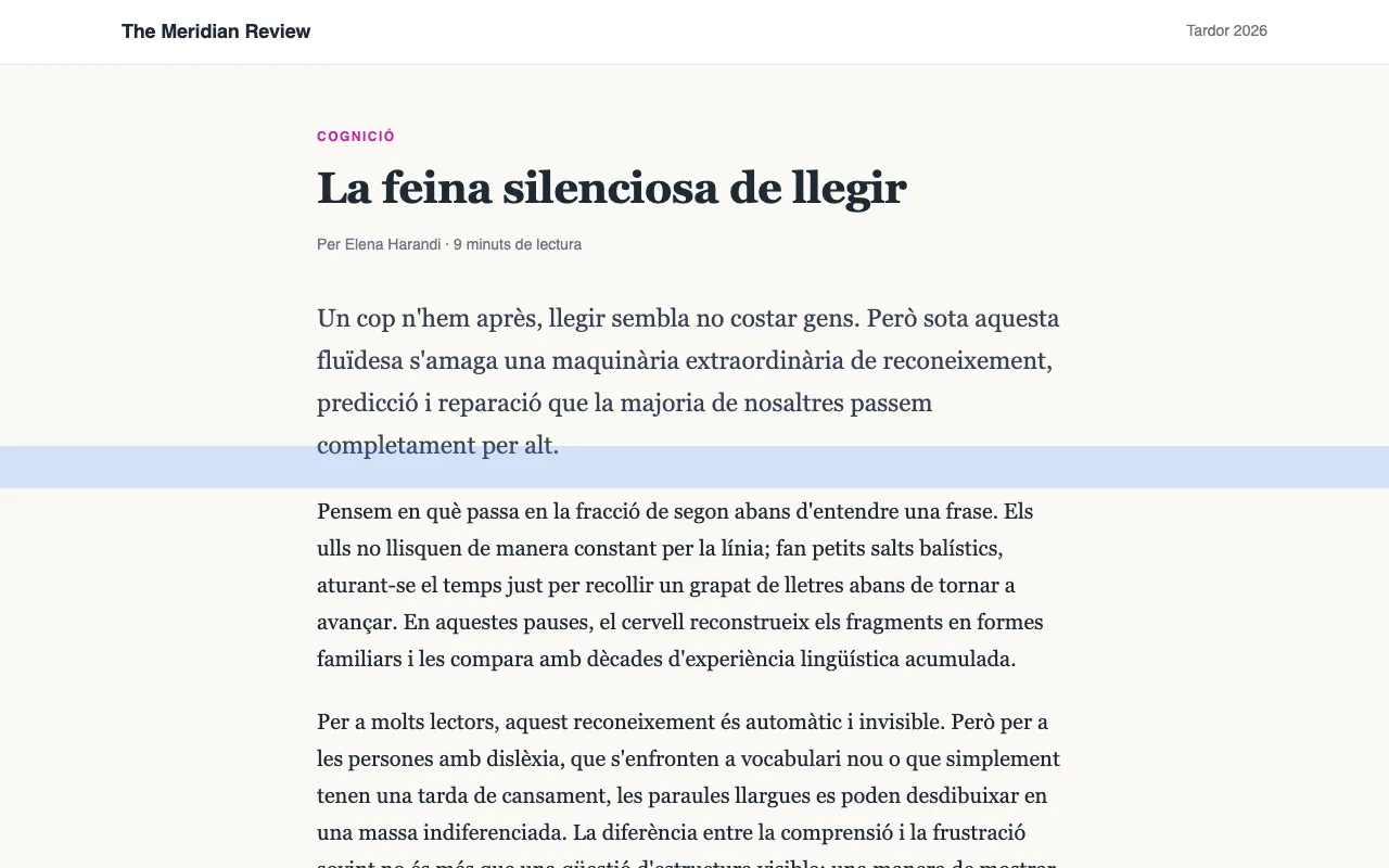 Un article amb un regle de lectura blau sobre una línia de text