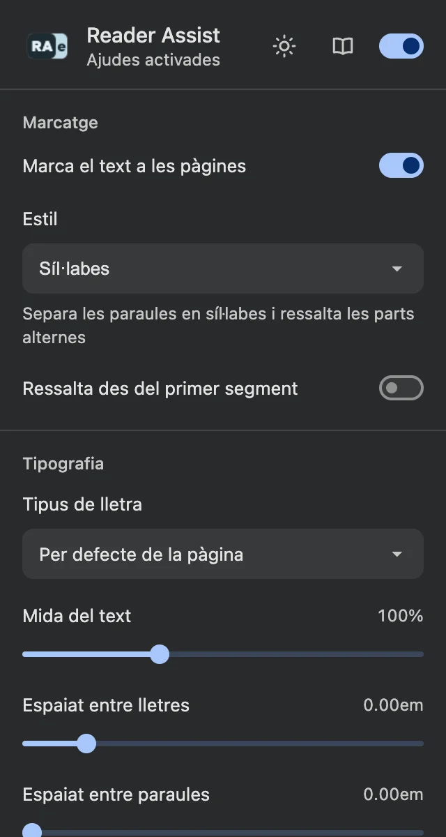 La configuració de Reader Assist amb el tema fosc