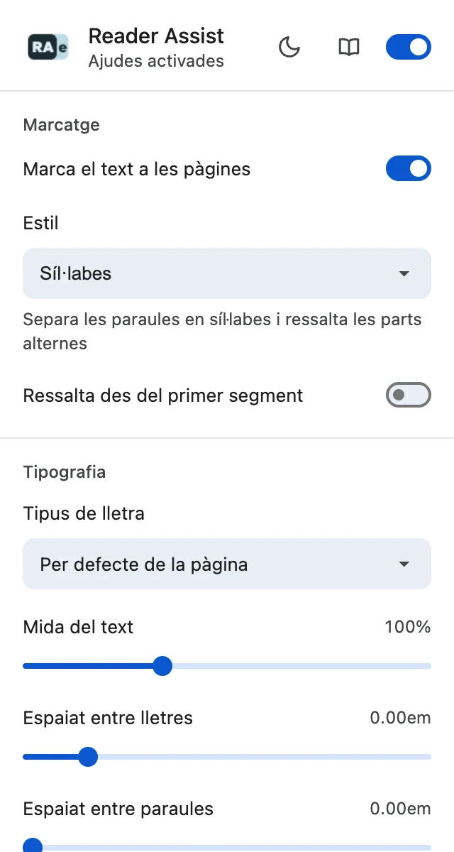 La configuració de Reader Assist amb el tema clar