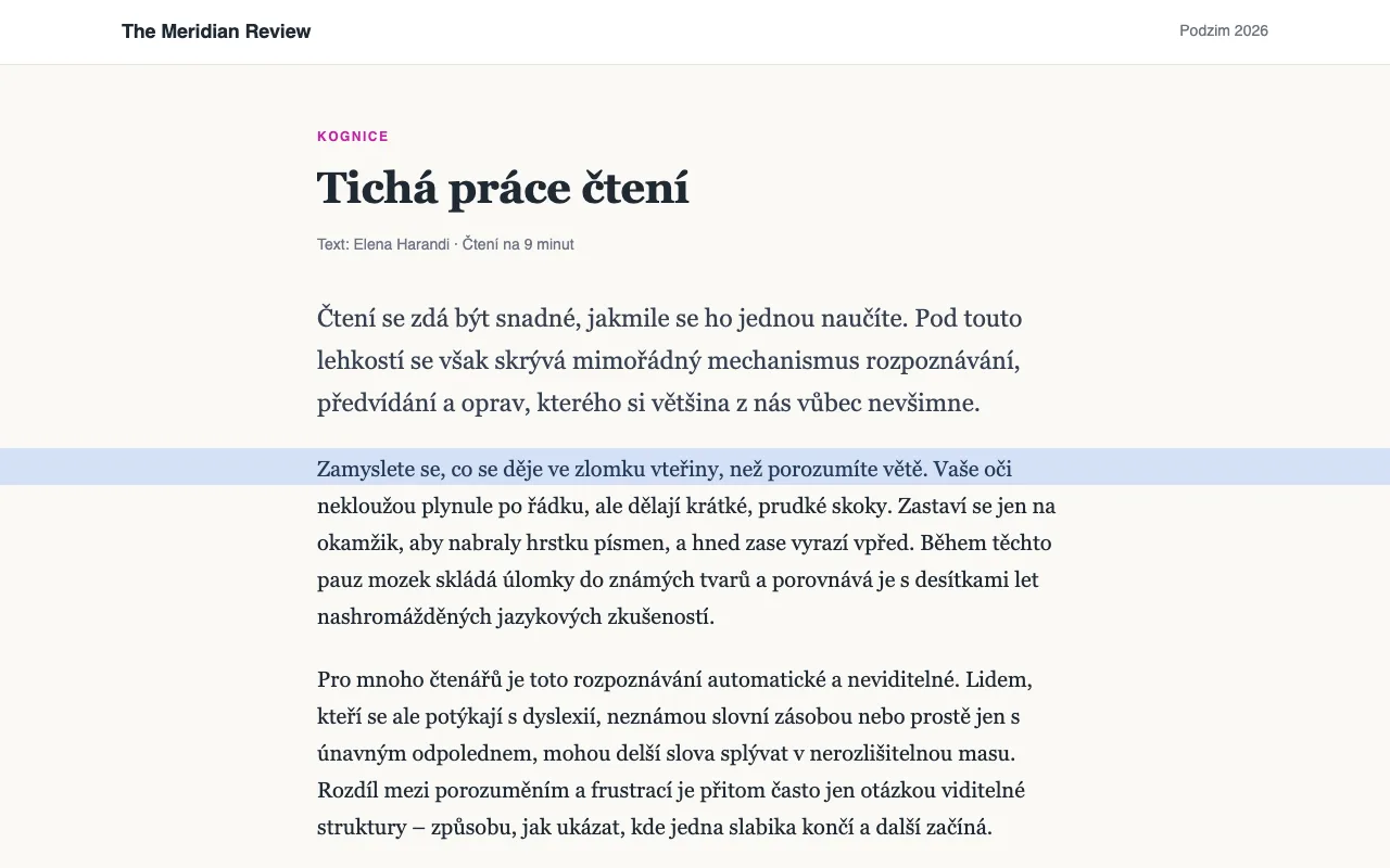 Článek s modrým čtecím pravítkem přes jeden řádek
