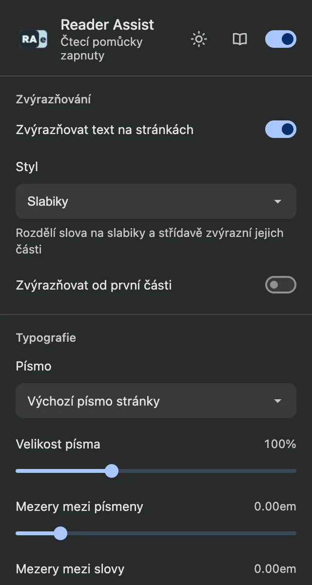 Nastavení Reader Assist v tmavém motivu