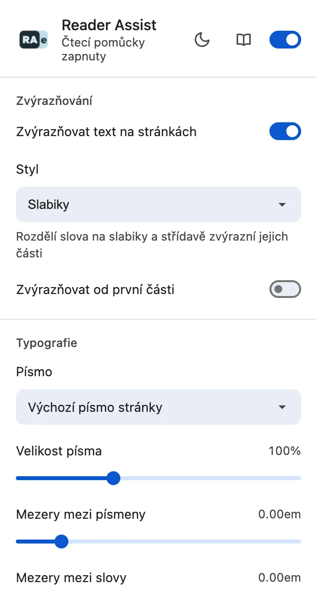Nastavení Reader Assist ve světlém motivu