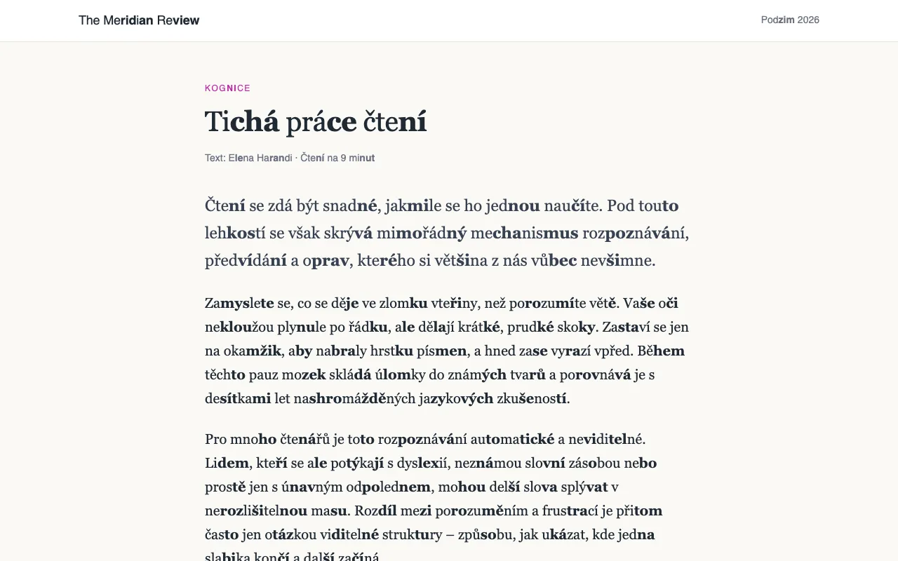 Článek s dlouhými slovy rozdělenými na slabiky, každá druhá slabika je tučně