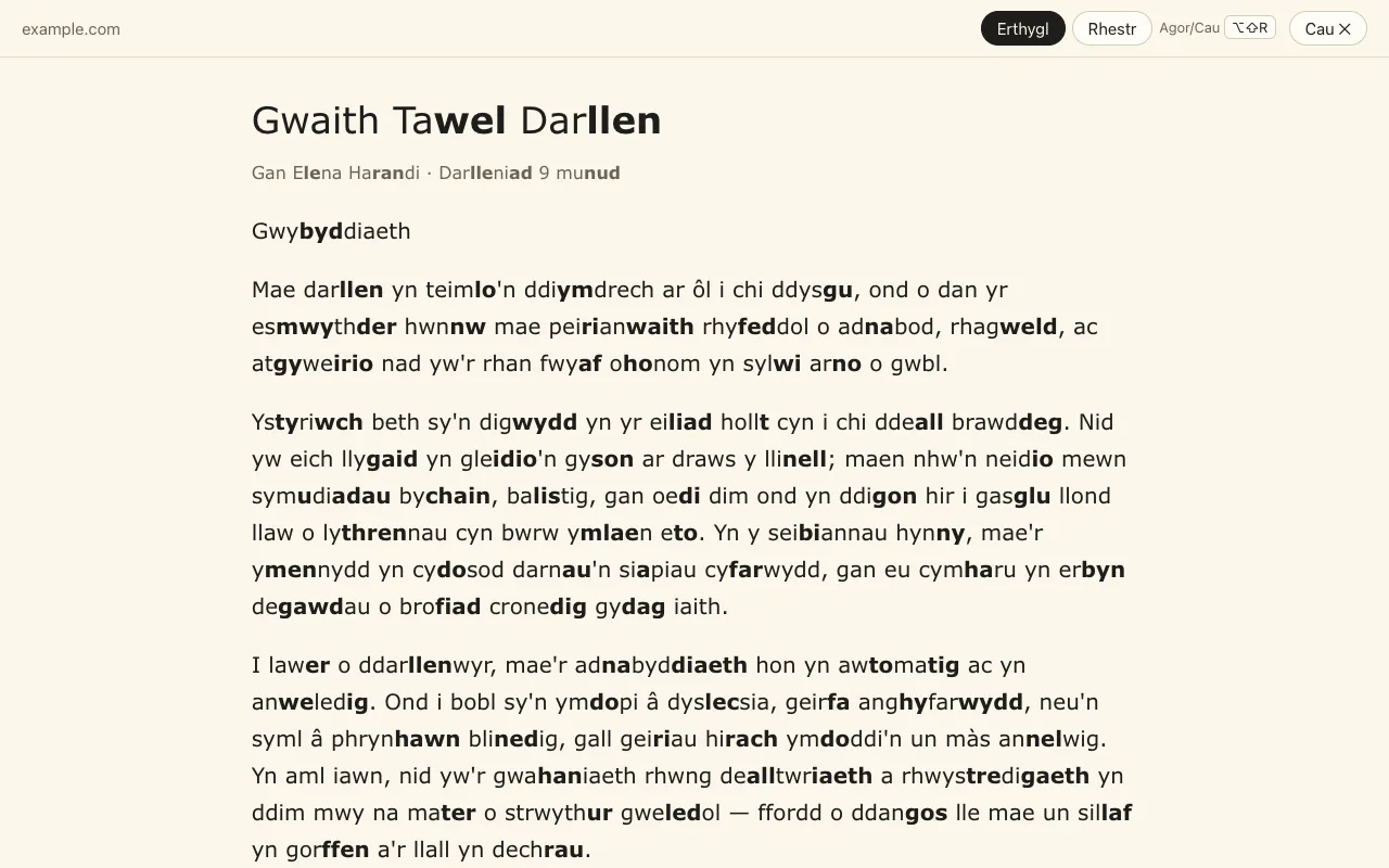 Y golwg darllenwr: dim ond yr erthygl mewn un golofn dawel, gyda marcio sillafau