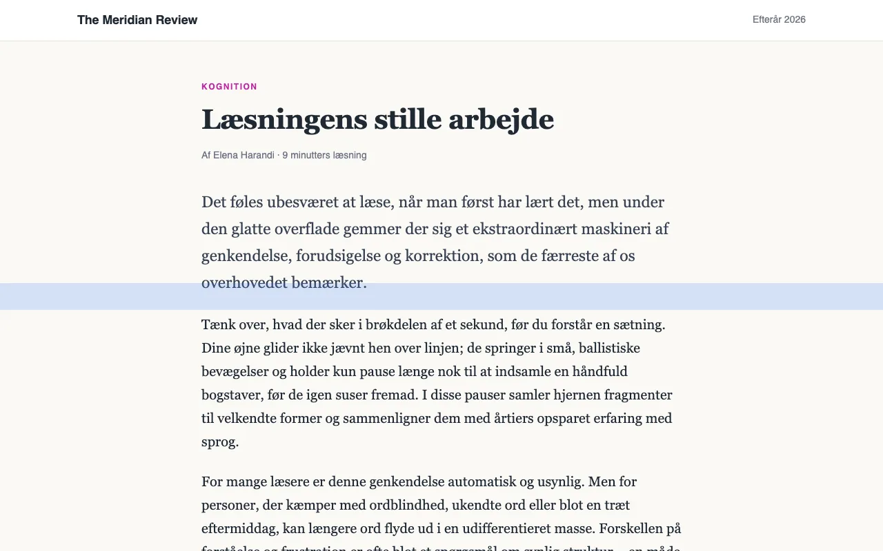 En artikel med en blå læselineal hen over en linje