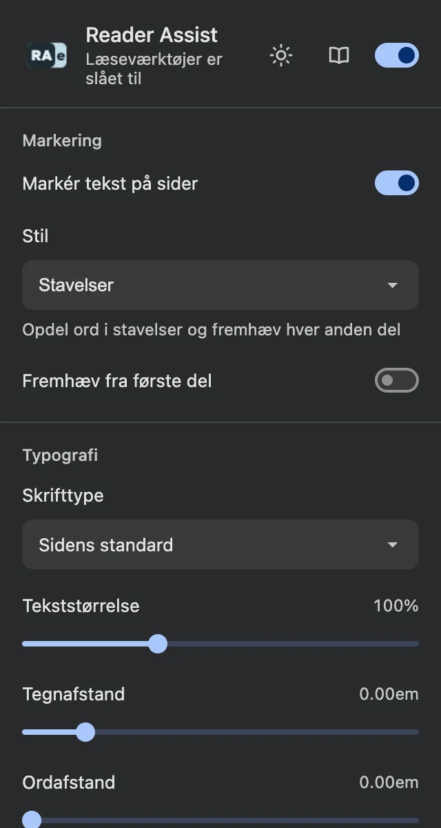 Reader Assists indstillinger i det mørke tema