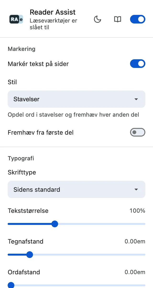 Reader Assists indstillinger i det lyse tema