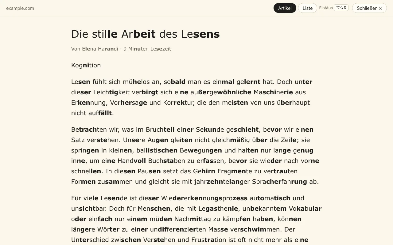 Die Leseansicht: nur der Artikel in einer ruhigen Spalte, mit Silbenmarkierung