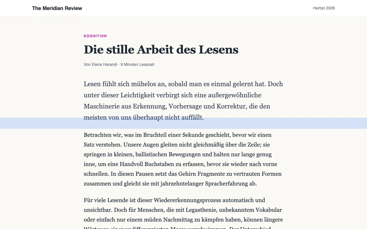 Ein Artikel mit einem blauen Leselineal über einer Zeile