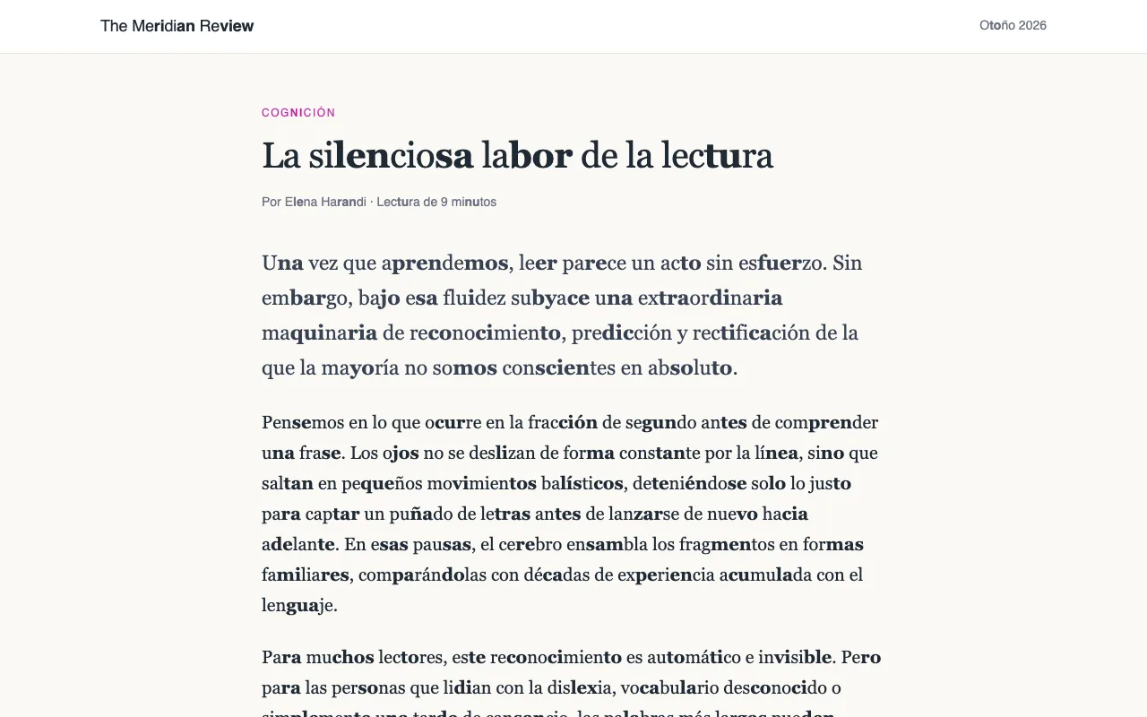 Un artículo con las palabras largas separadas en sílabas, con una de cada dos en negrita
