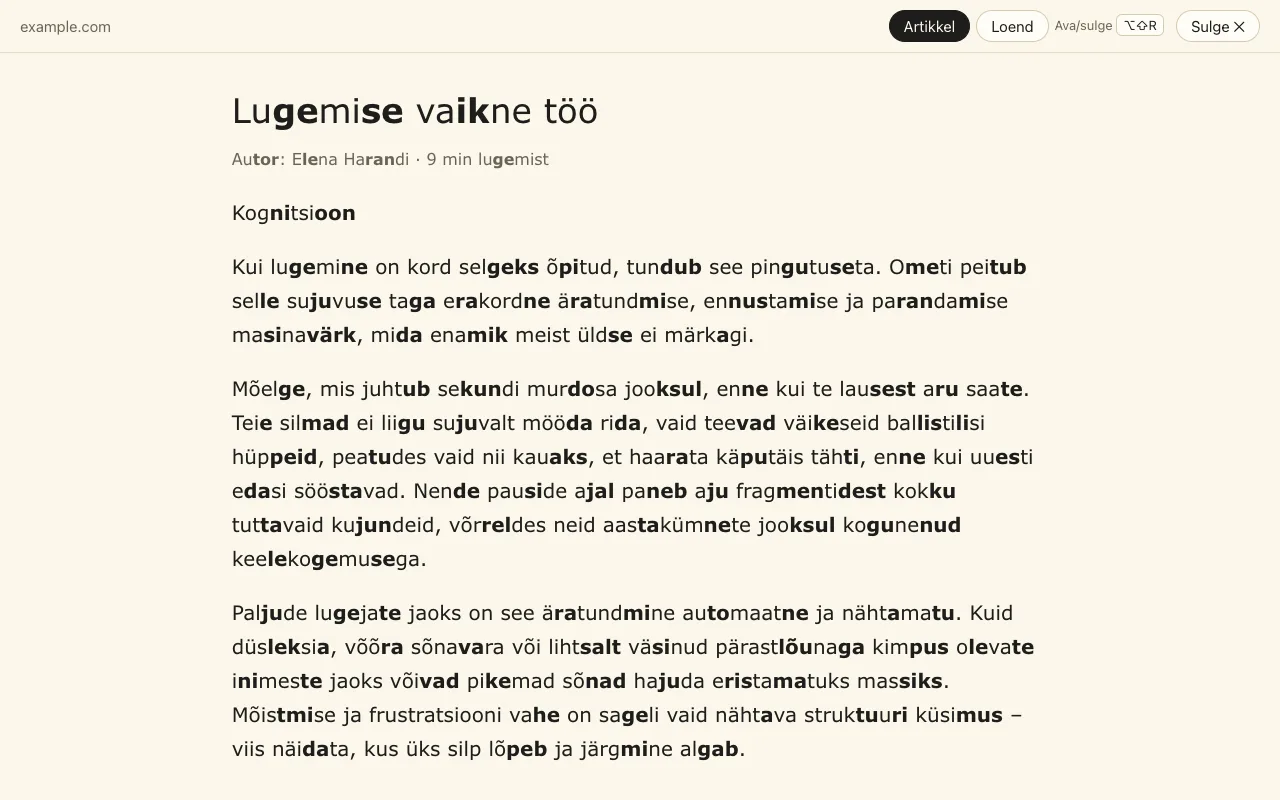 Lugemisvaade: ainult artikkel ühes rahulikus veerus koos silpimärgistusega
