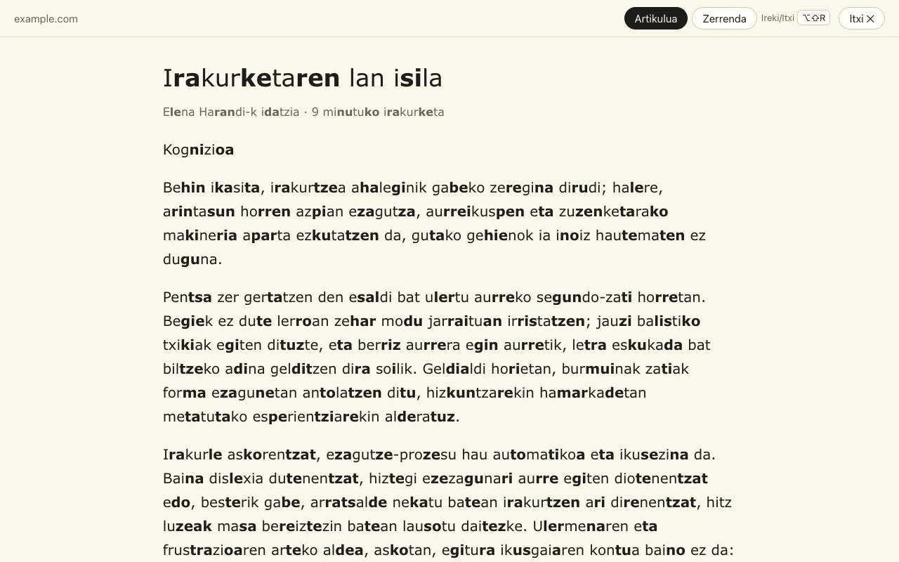Irakurketa-bista: artikulua bakarrik zutabe lasai batean, silabak markatuta.