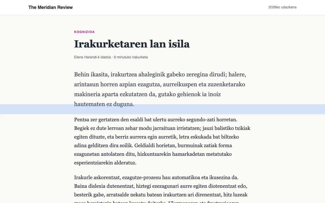 Artikulu bat lerro baten gainean irakurtzeko erregela urdin bat duena.