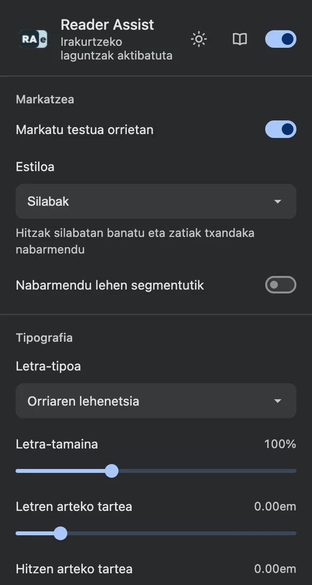 Reader Assist-en ezarpenak gai ilunean.
