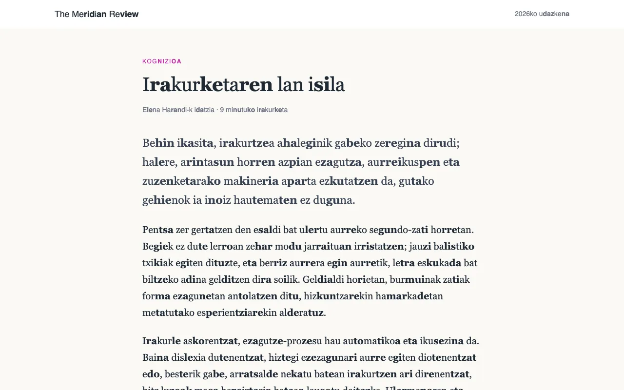 Artikulu bat hitz luzeak silabatan banatuta dituena, bigarren silaba bakoitza lodiz.