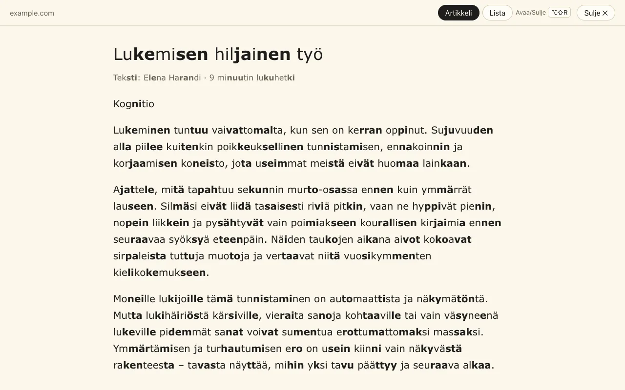 Lukutila: vain artikkeli yhdessä rauhallisessa palstassa, tavutusmerkintöjen kera