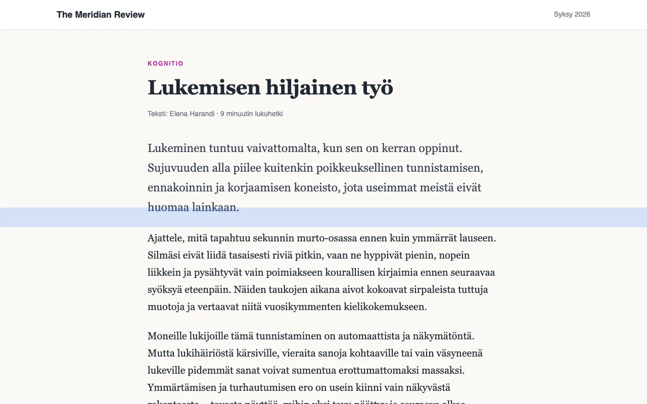 Artikkeli, jossa yhden rivin päällä on sininen lukuviivain