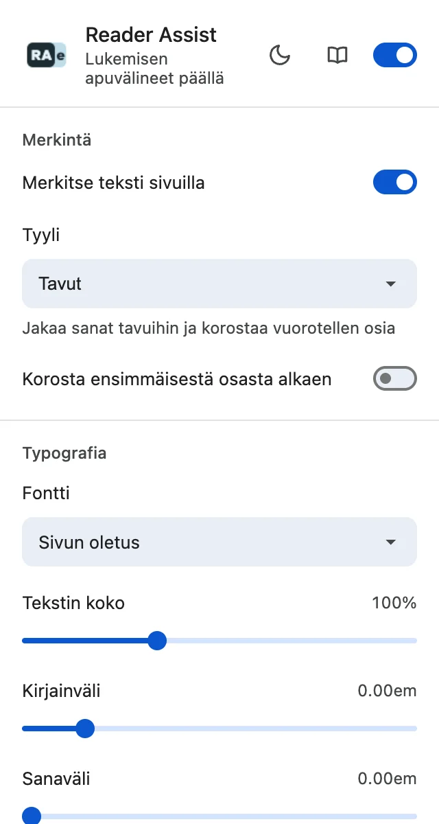 Reader Assistin asetukset vaaleassa teemassa