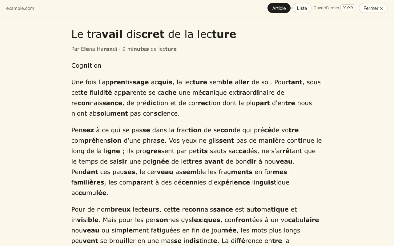Le mode lecture : juste l'article dans une colonne sobre, avec le marquage syllabique