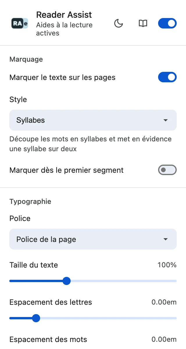 Les paramètres de Reader Assist en thème clair