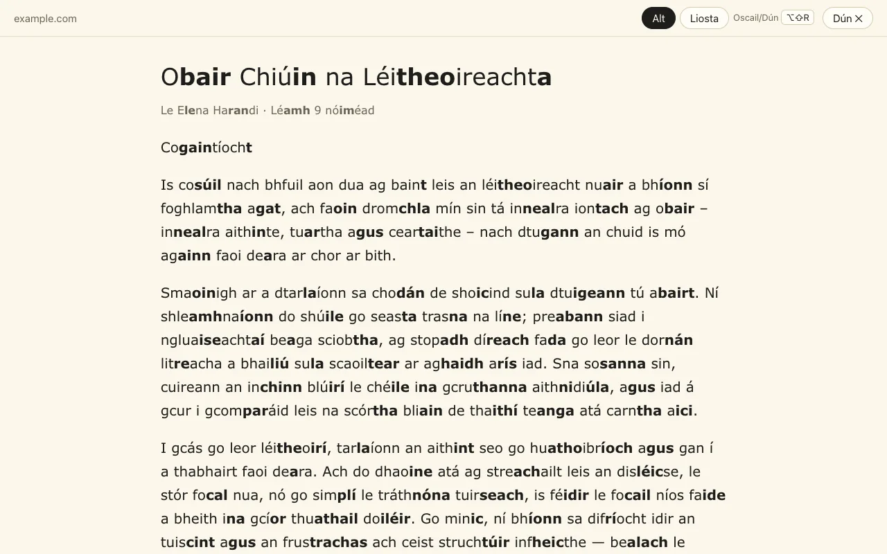 Amharc an léitheora: an t-alt amháin i gcolún suaimhneach amháin, le marcáil siollaí