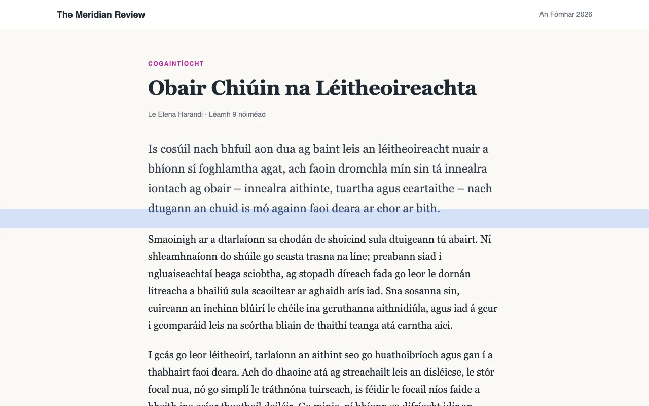 Alt le rialóir léitheoireachta gorm trasna líne amháin