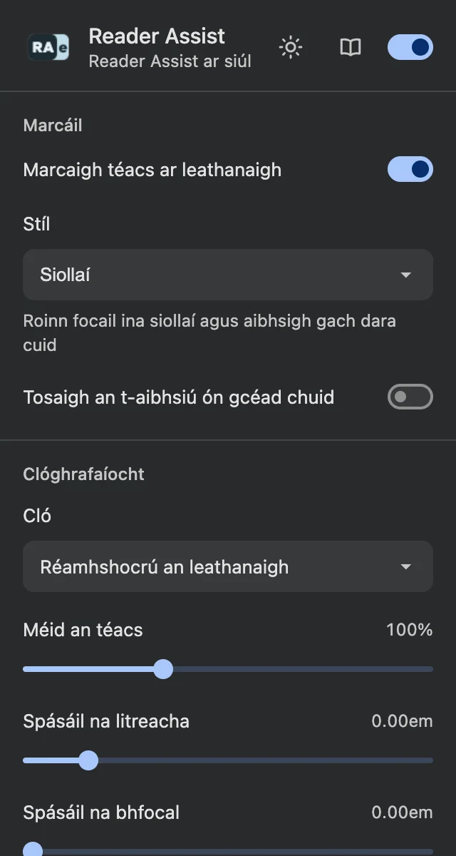 Socruithe Reader Assist sa téama dorcha