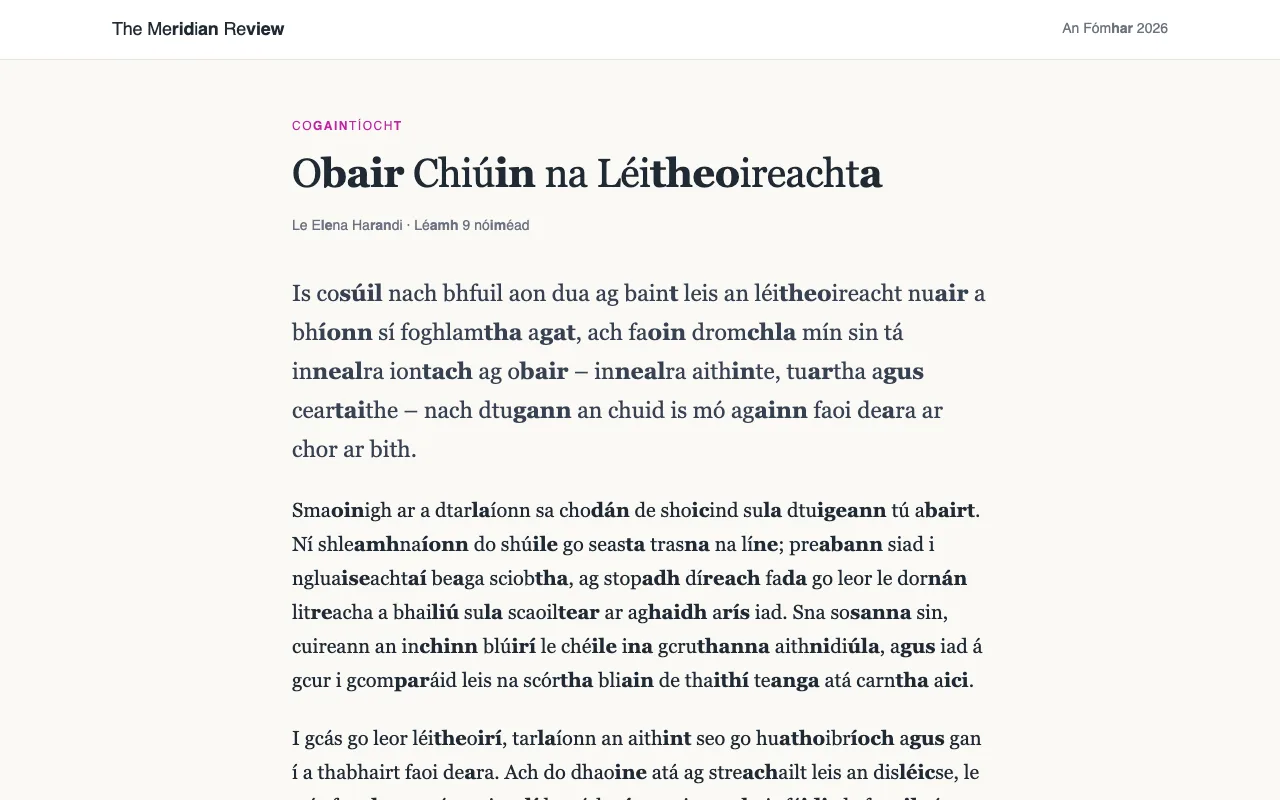 Alt le focail fhada roinnte ina siollaí, agus gach dara siolla i gcló trom