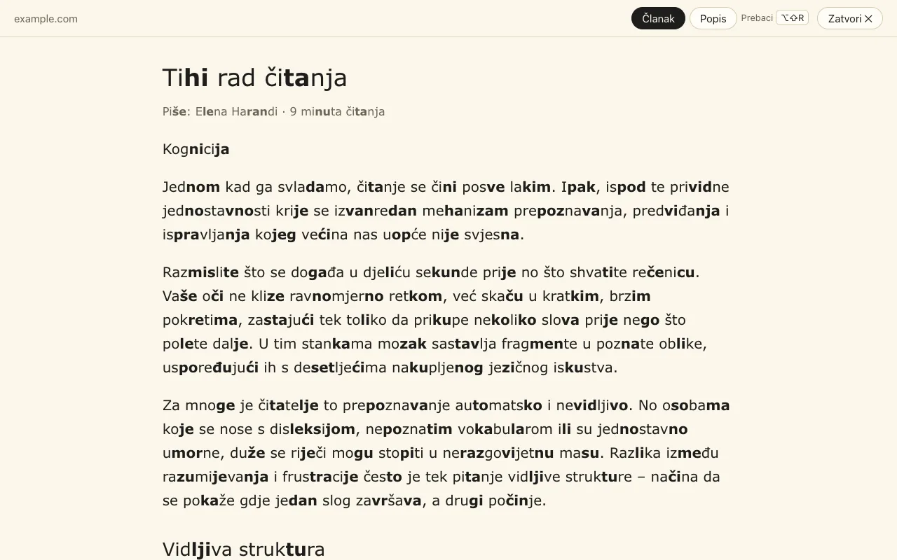 Prikaz za čitanje: samo članak u jednom preglednom stupcu, s označenim slogovima