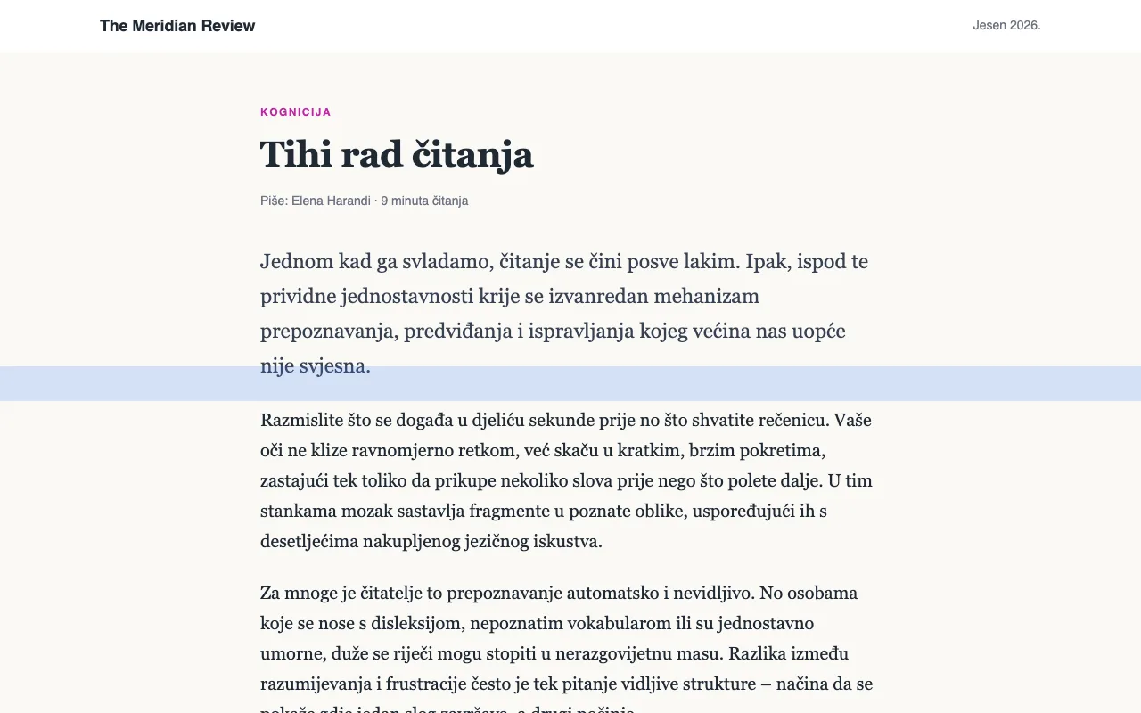 Članak s plavim ravnalom za čitanje preko jednog retka