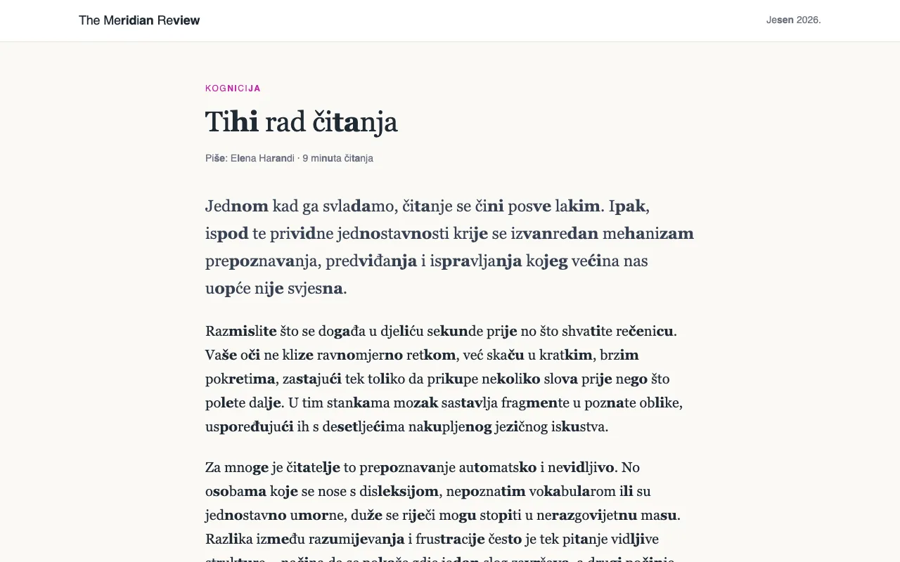 Članak s dugim riječima rastavljenim na slogove, svaki drugi slog je podebljan