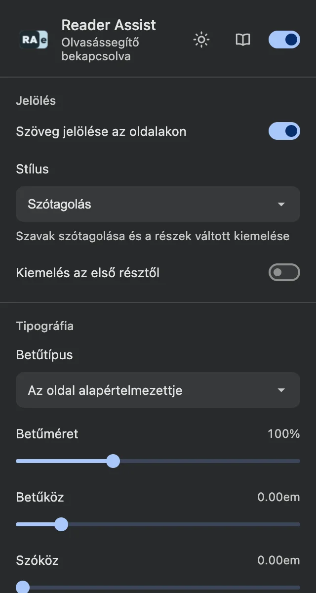 A Reader Assist beállításai sötét témában.