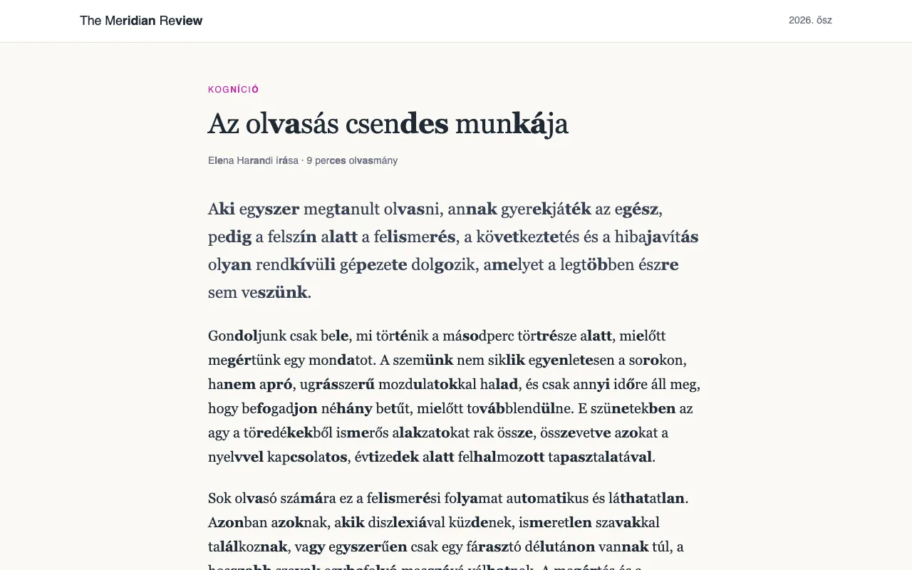 Egy cikk, ahol a hosszú szavak szótagokra vannak bontva, és minden második szótag félkövér.