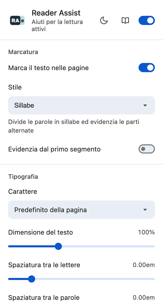 Le impostazioni di Reader Assist nel tema chiaro