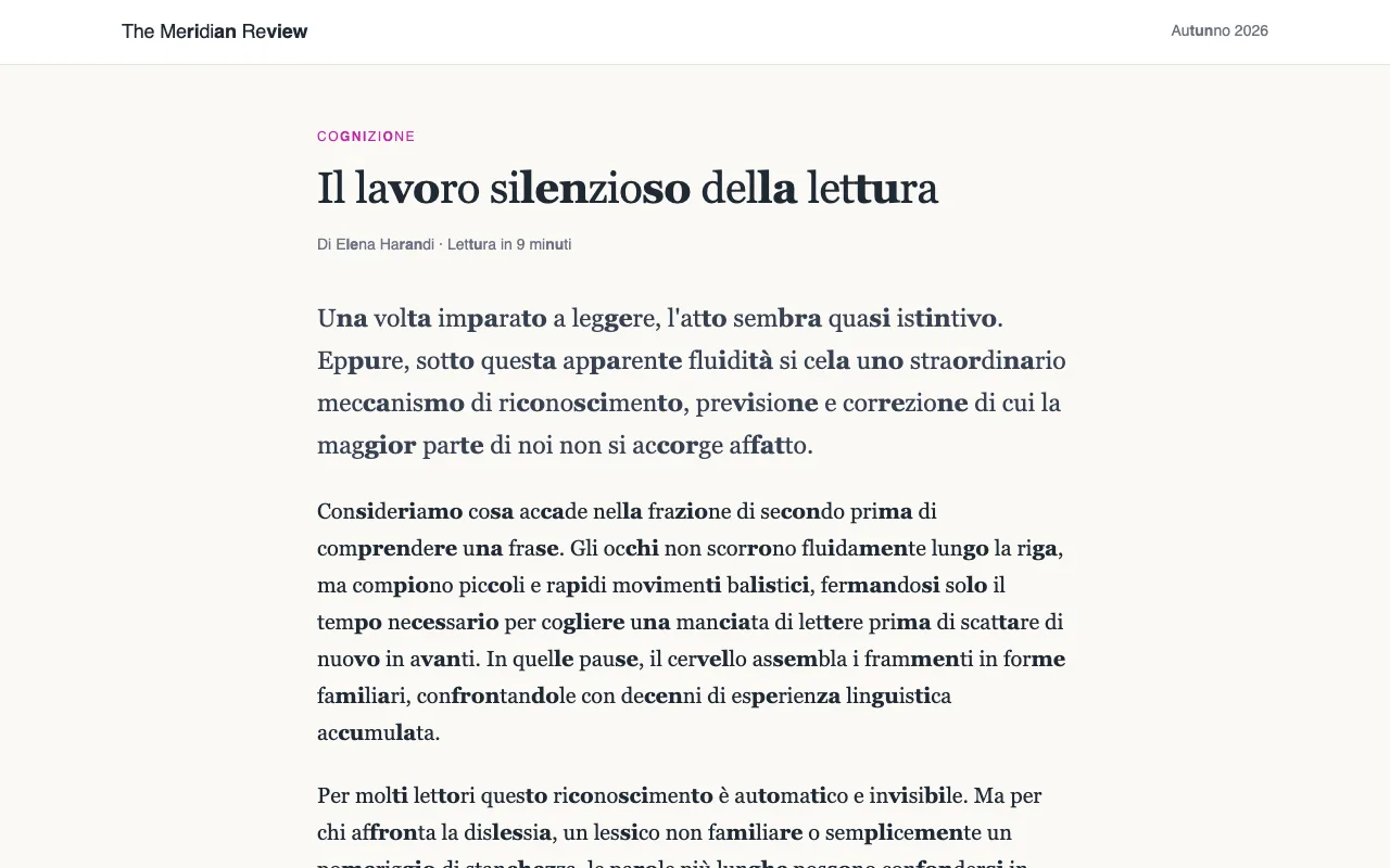 Un articolo con le parole lunghe divise in sillabe, una sillaba sì e una no in grassetto