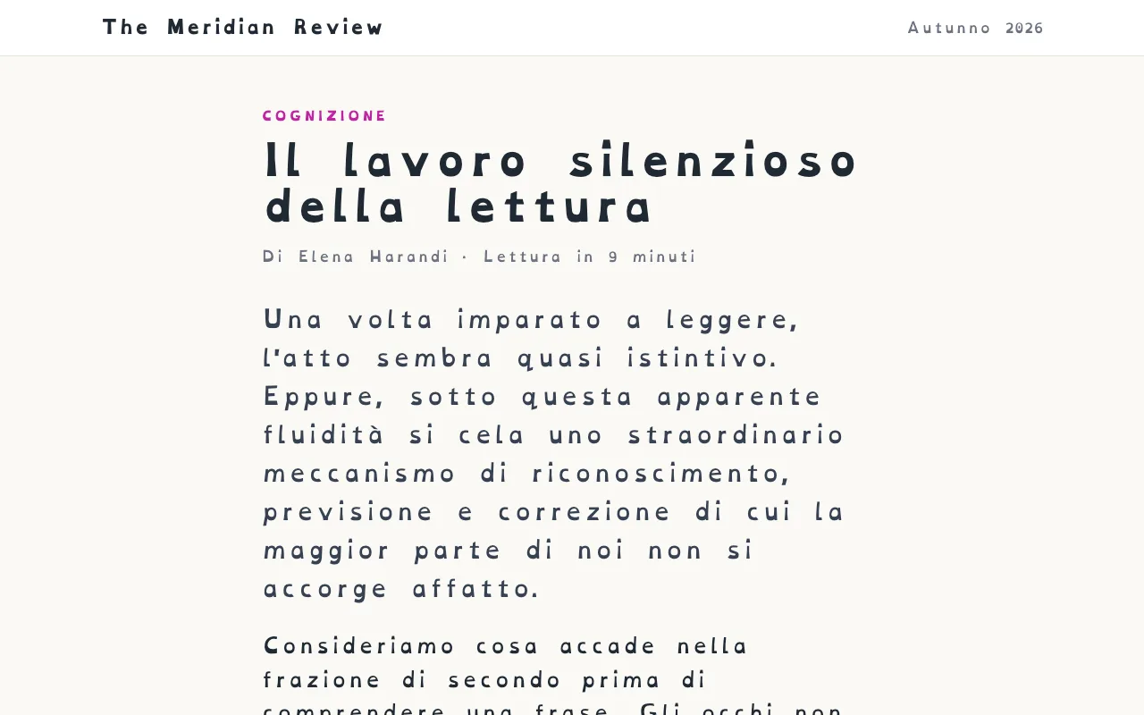 Un articolo impostato in OpenDyslexic con maggiore spaziatura tra lettere e parole