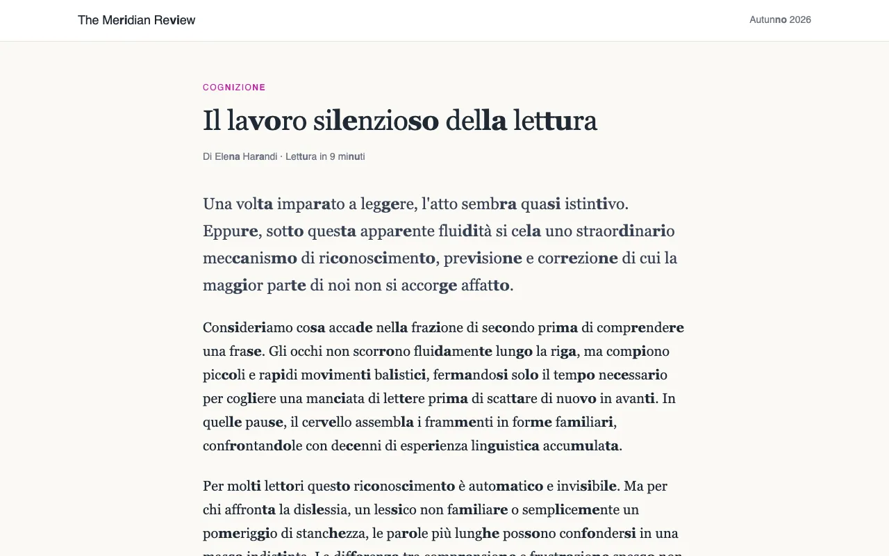Un articolo con una coppia consonante-vocale sì e una no in grassetto