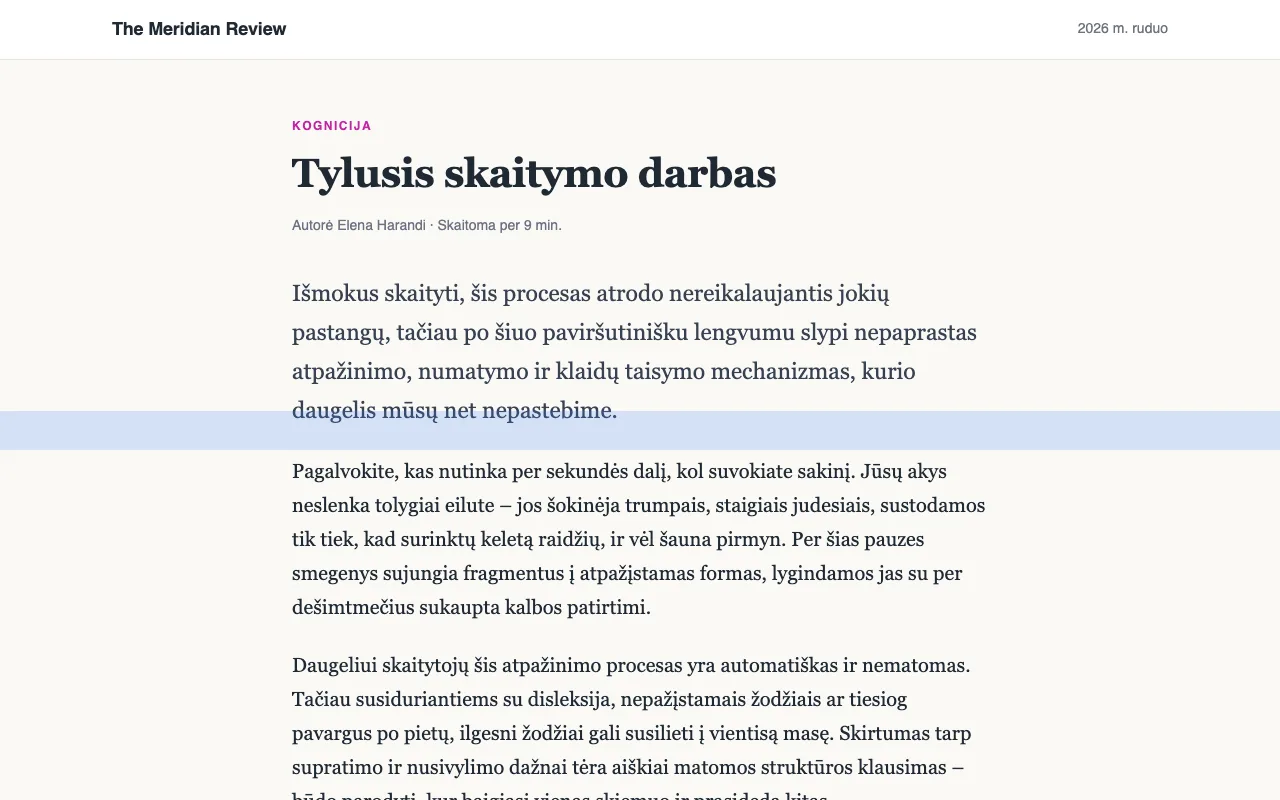 Straipsnis su mėlyna skaitymo liniuote, uždėta ant vienos eilutės