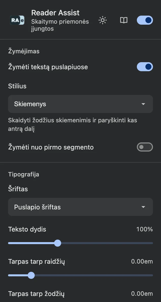 „Reader Assist“ nustatymai tamsiojoje temoje