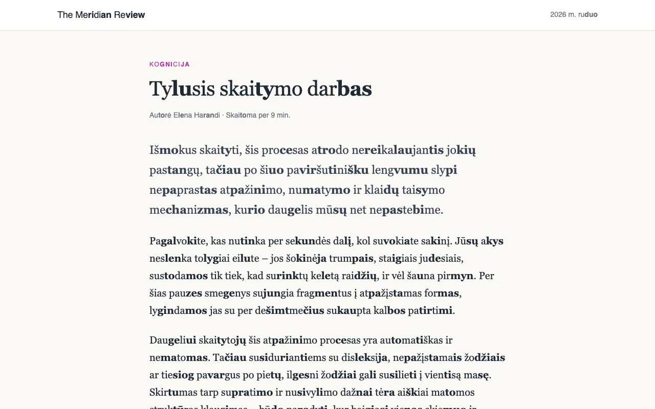 Straipsnis, kuriame ilgi žodžiai suskaidyti skiemenimis, o kas antras skiemuo – paryškintas