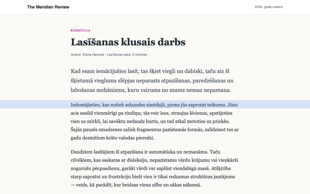 Raksts ar zilu lasīšanas lineālu pāri vienai rindiņai