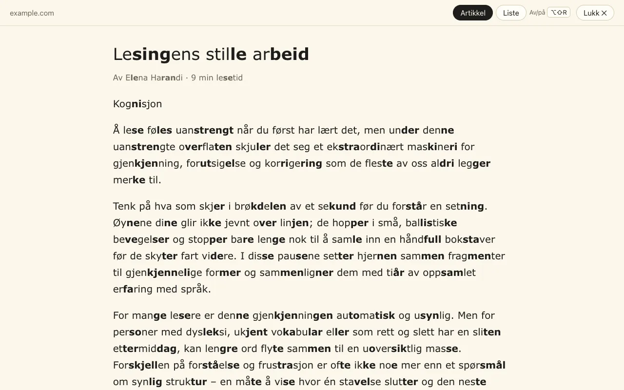 Lesevisningen: bare artikkelen i én rolig kolonne, med stavelsesmarkering