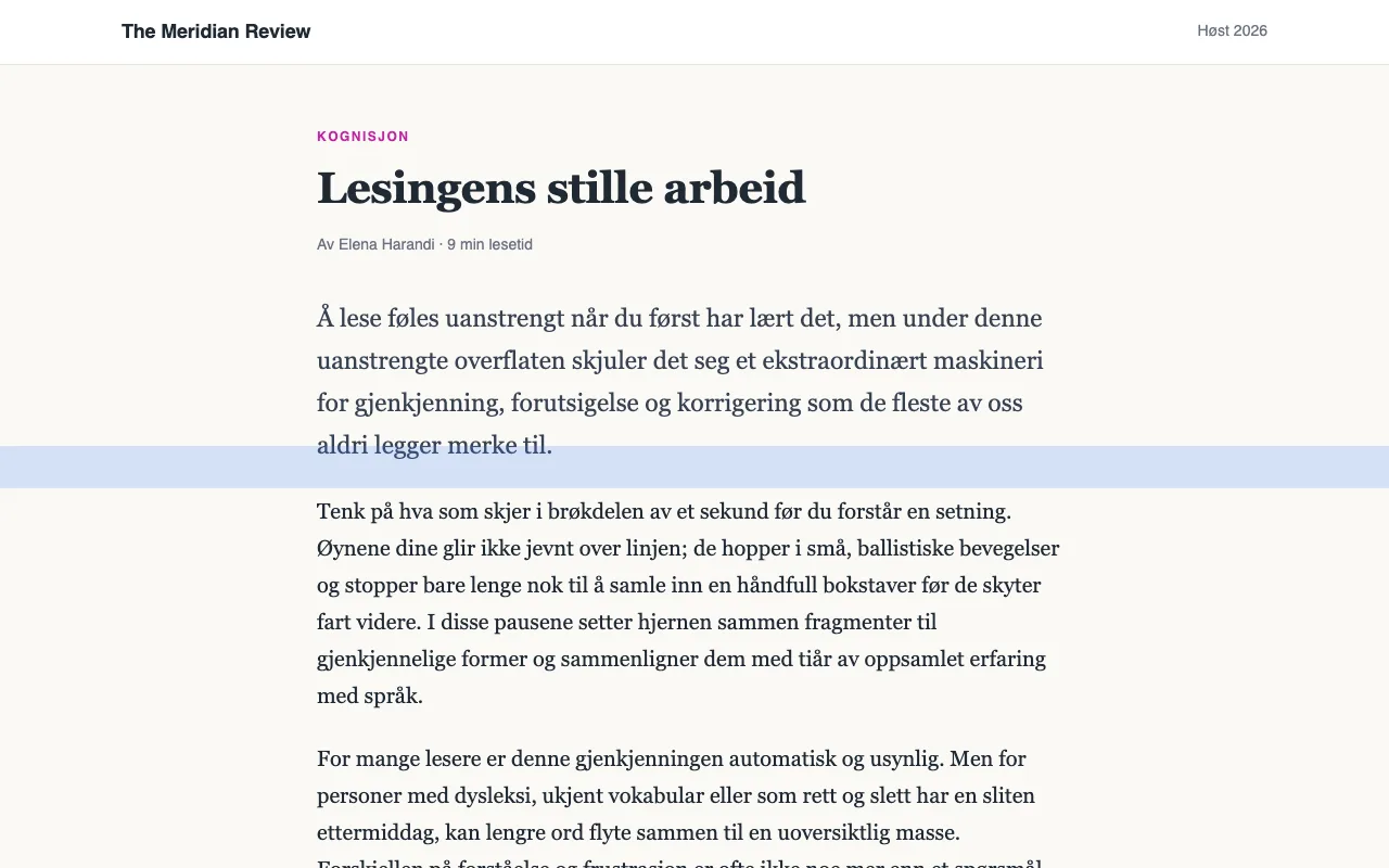 En artikkel med en blå leselinjal over en linje
