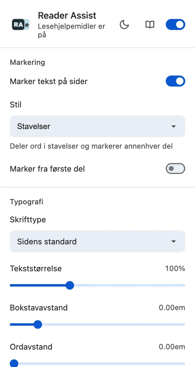 Innstillinger for Reader Assist i lyst tema
