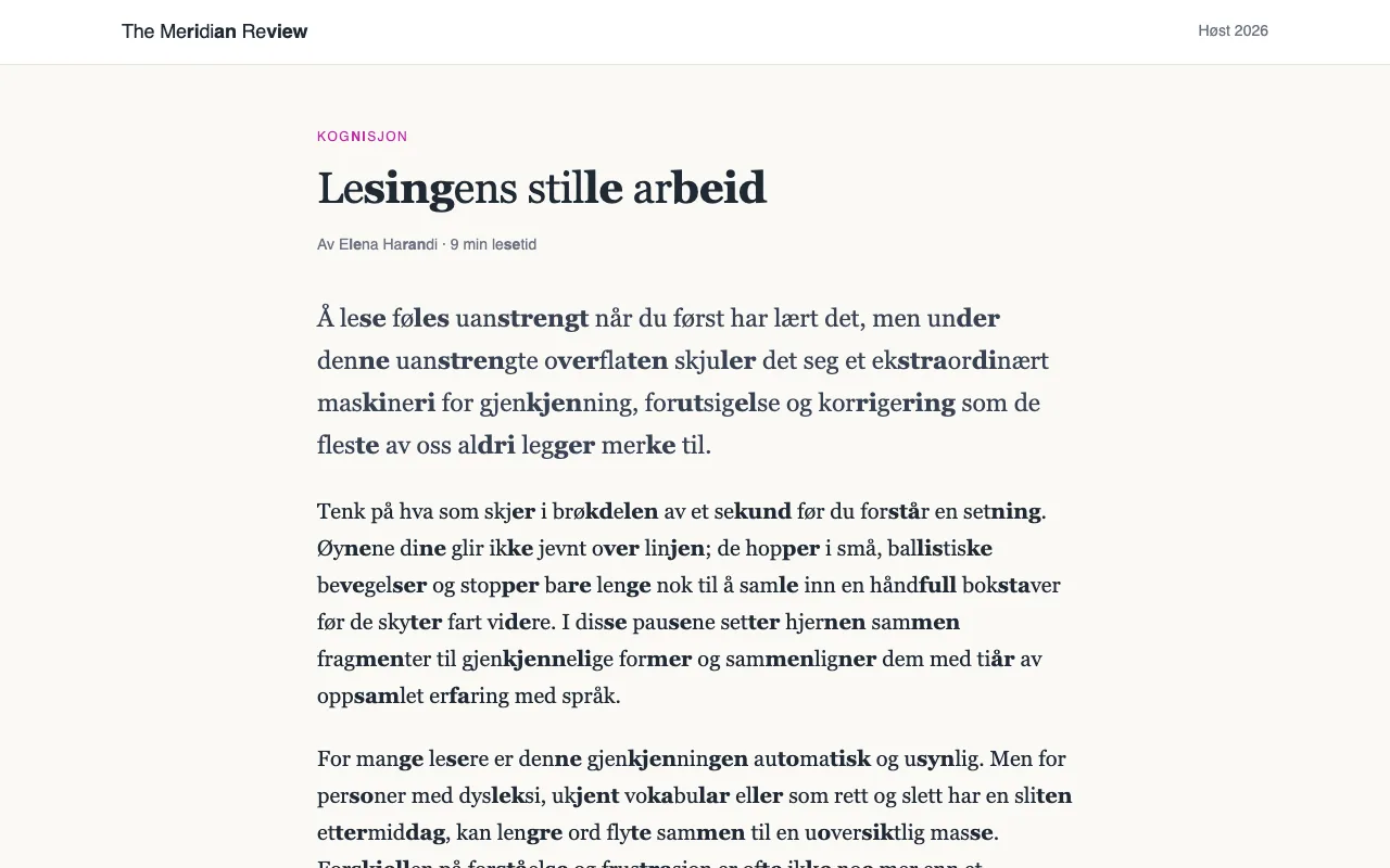 En artikkel med lange ord delt i stavelser, med annenhver stavelse i fet skrift